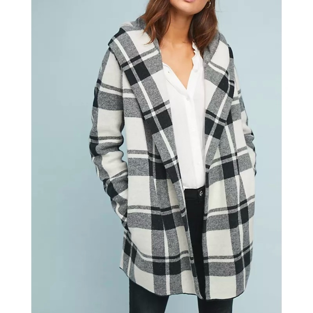 Anthropologie Fielel Flowers Wool Plaid Hooded Open Wrap Coat Jacket Cardigan XS